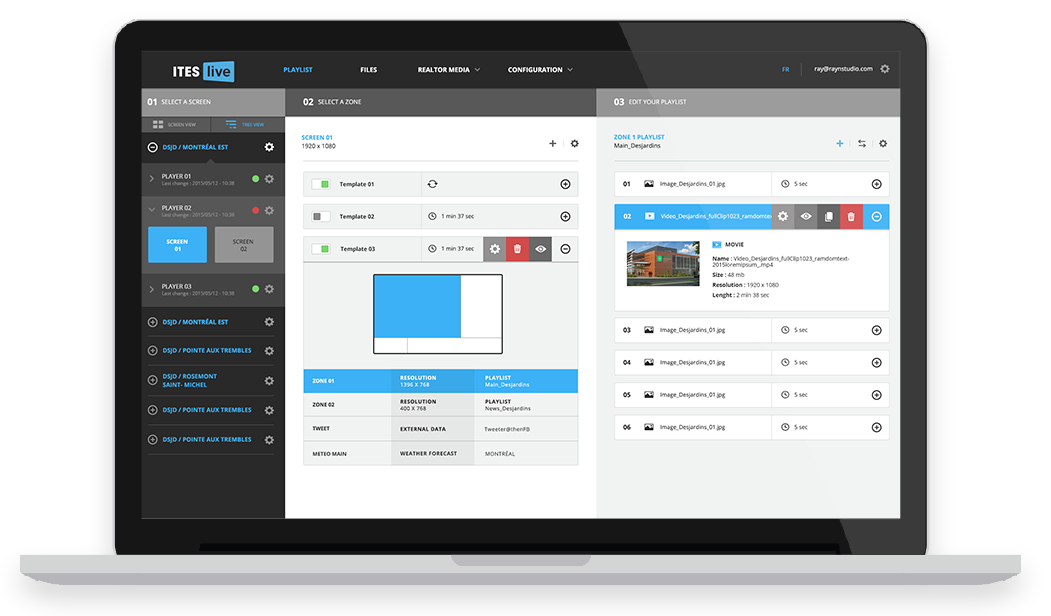 Interface logiciel d'affichage numérique ITESLIVE